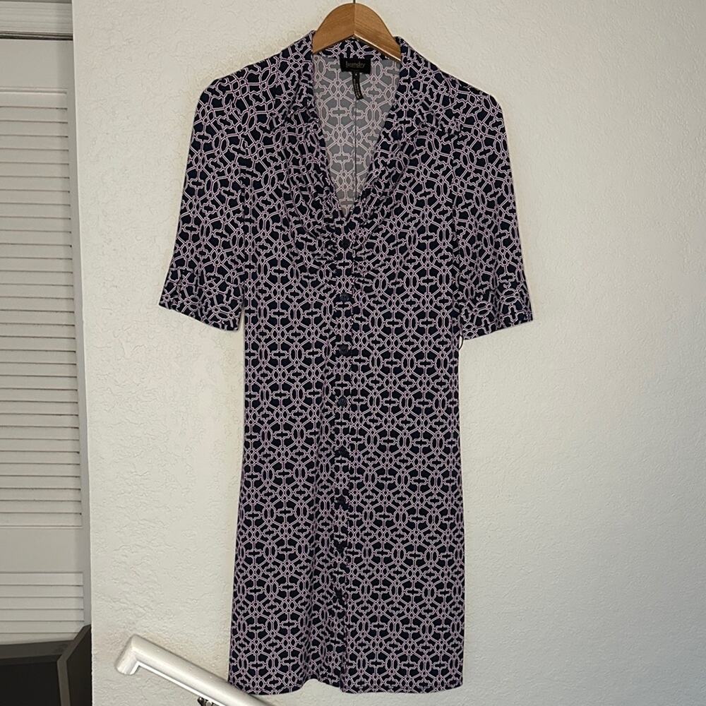 Laundry Shelli Segal Geo Shirt Dress Navy White Casual Brunch Stretch Size 8